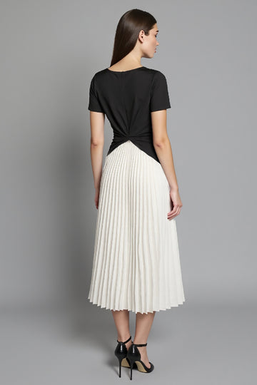 Ivory and Black A Line Pleated Midi Dress